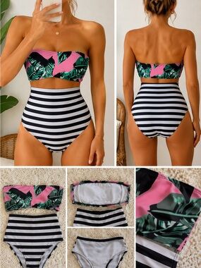 Striped High-Waist One-Piece Swimsuit with Pink Tropical Top